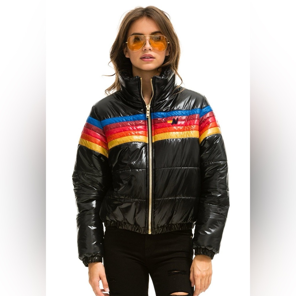 Aviator Nation Black Puffer Jacket with Colorful Stripes